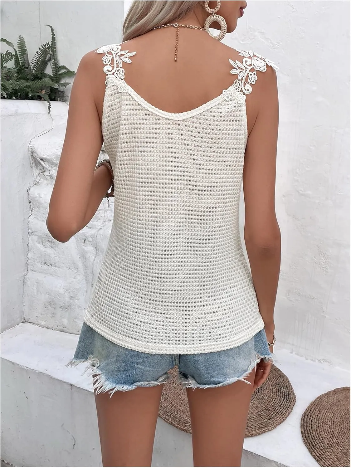 MakeMeChic Women's Deep V Camisole Tops Waffle Knit Sleeveless Applique Summer Tank Top Shirts