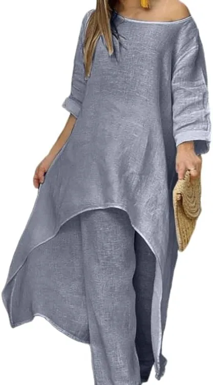 MARSVOVO Two Piece Set Dress Suit For Women Long Sleeve Crewneck Cotton Linen Irregular Solid Casual Daily Wear Summer Set