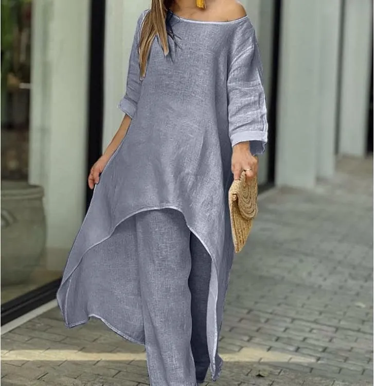 MARSVOVO Two Piece Set Dress Suit For Women Long Sleeve Crewneck Cotton Linen Irregular Solid Casual Daily Wear Summer Set