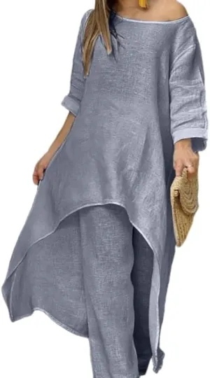 MARSVOVO Two Piece Set Dress Suit For Women Long Sleeve Crewneck Cotton Linen Irregular Solid Casual Daily Wear Summer Set