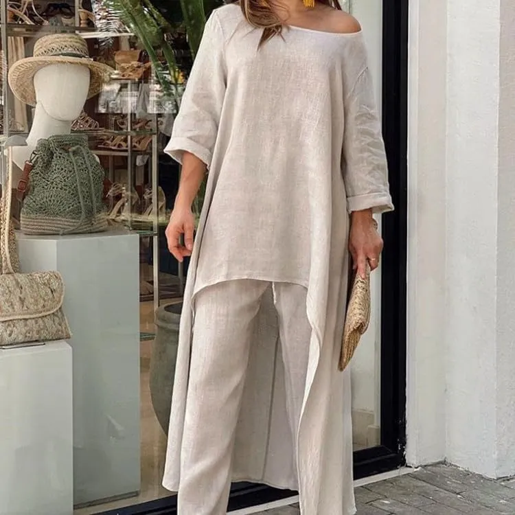 MARSVOVO Two Piece Set Dress Suit For Women Long Sleeve Crewneck Cotton Linen Irregular Solid Casual Daily Wear Summer Set
