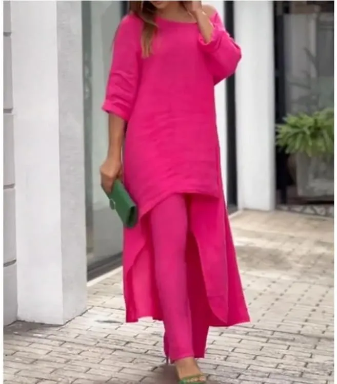 MARSVOVO Two Piece Set Dress Suit For Women Long Sleeve Crewneck Cotton Linen Irregular Solid Casual Daily Wear Summer Set