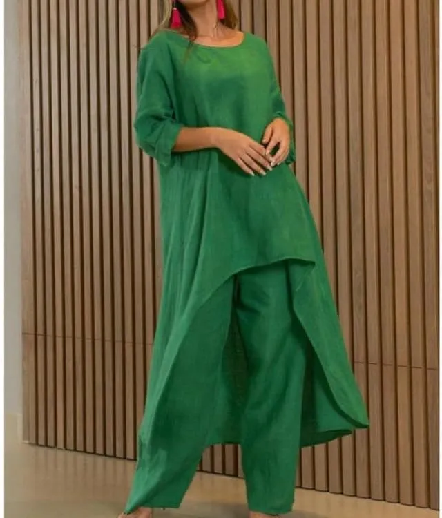 MARSVOVO Two Piece Set Dress Suit For Women Long Sleeve Crewneck Cotton Linen Irregular Solid Casual Daily Wear Summer Set