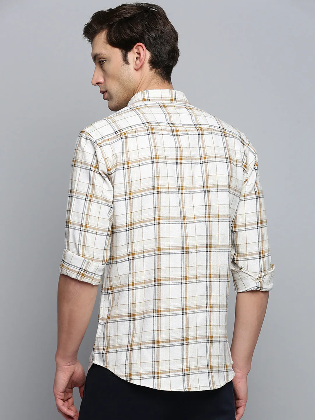 Men Beige Classic Tartan Checked Casual Cotton Shirt