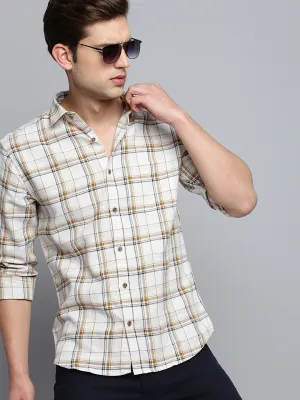 Men Beige Classic Tartan Checked Casual Cotton Shirt