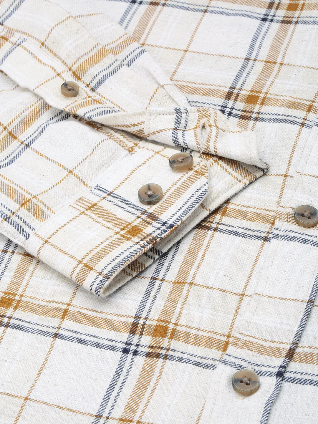 Men Beige Classic Tartan Checked Casual Cotton Shirt