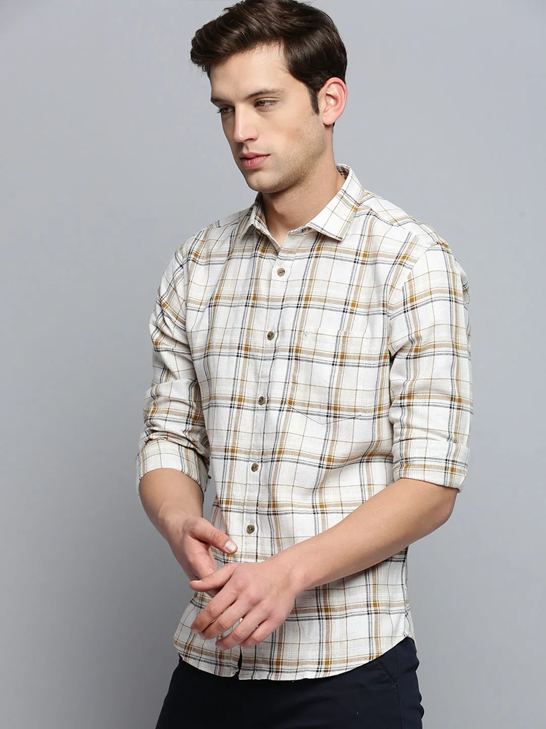 Men Beige Classic Tartan Checked Casual Cotton Shirt
