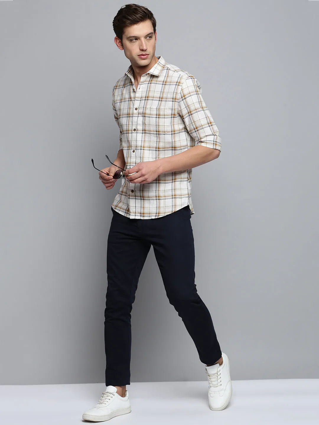 Men Beige Classic Tartan Checked Casual Cotton Shirt
