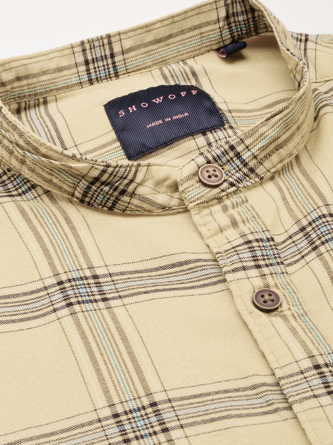 Men Beige Standard Slim Fit Band Collar Tartan Checked Cotton Casual Shirt