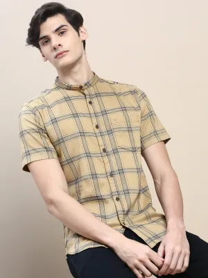 Men Beige Standard Slim Fit Band Collar Tartan Checked Cotton Casual Shirt