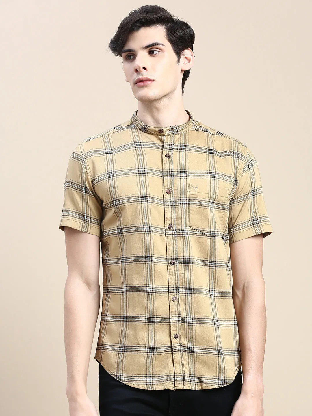 Men Beige Standard Slim Fit Band Collar Tartan Checked Cotton Casual Shirt