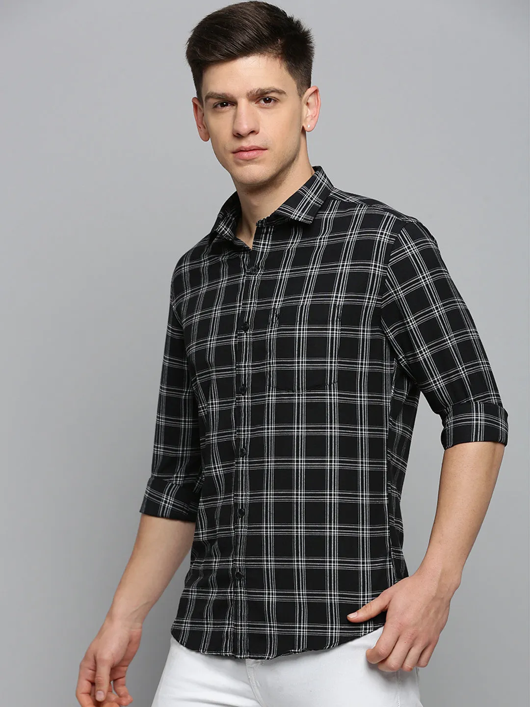 Men Black Classic Tartan Check Cotton Casual Shirt