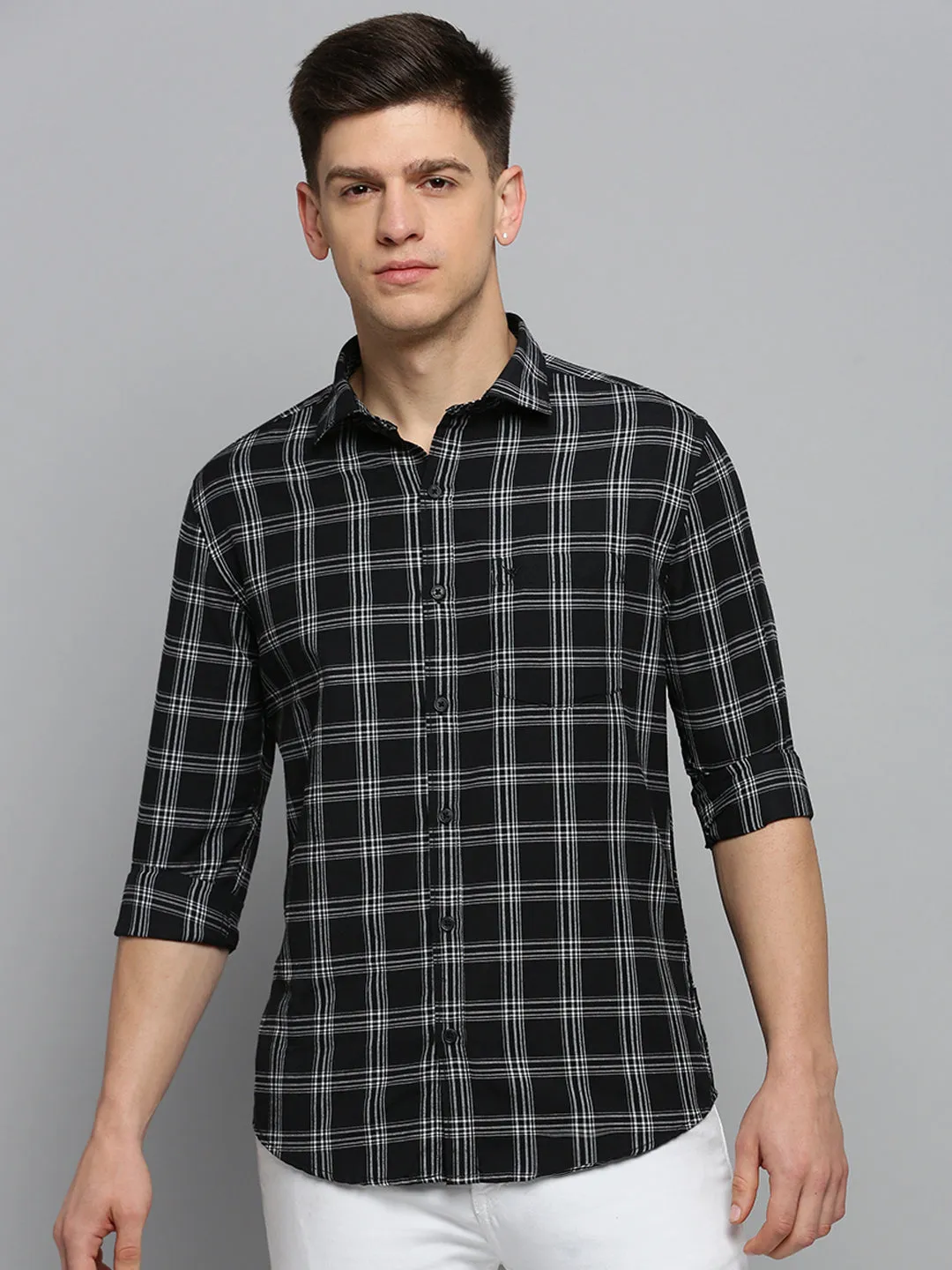 Men Black Classic Tartan Check Cotton Casual Shirt