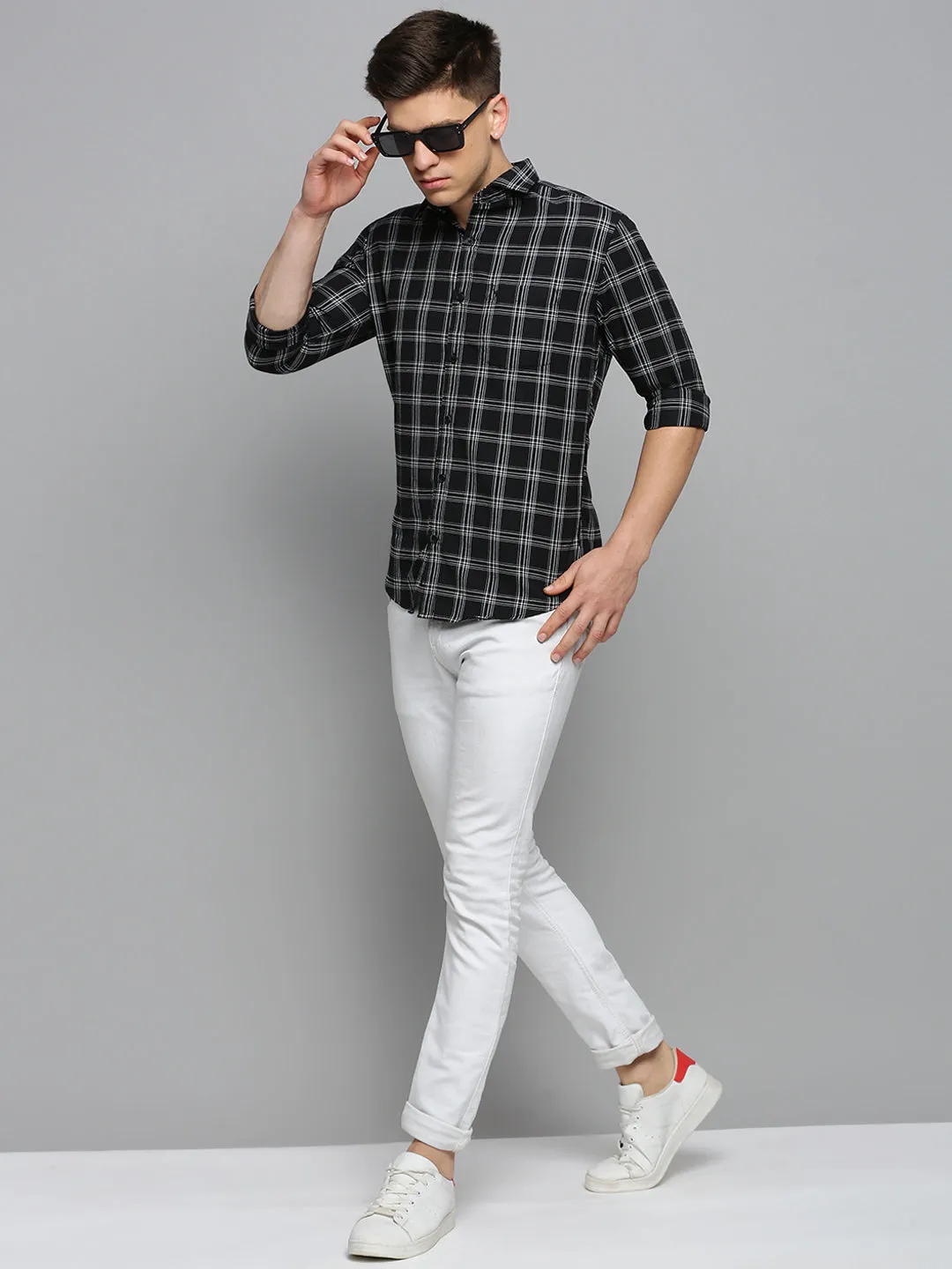 Men Black Classic Tartan Check Cotton Casual Shirt