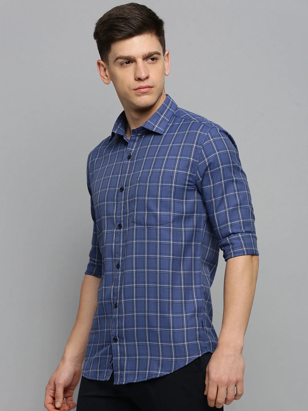 Men Blue Classic Tartan Check Cotton Casual Shirt