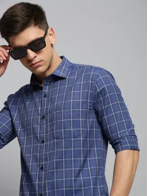Men Blue Classic Tartan Check Cotton Casual Shirt