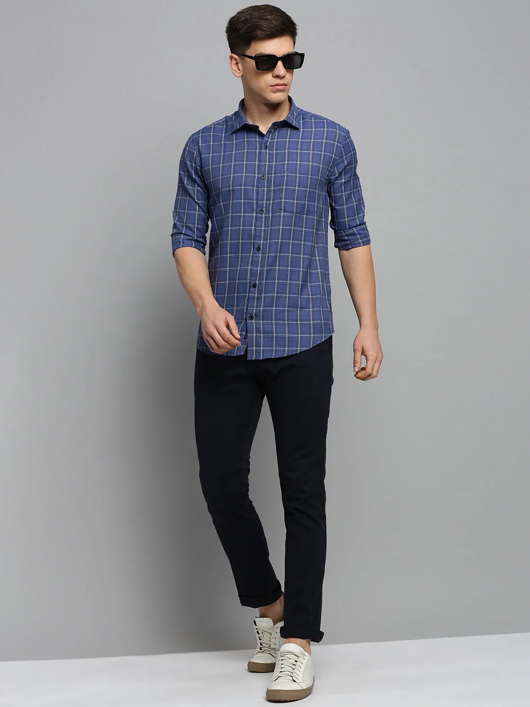 Men Blue Classic Tartan Check Cotton Casual Shirt