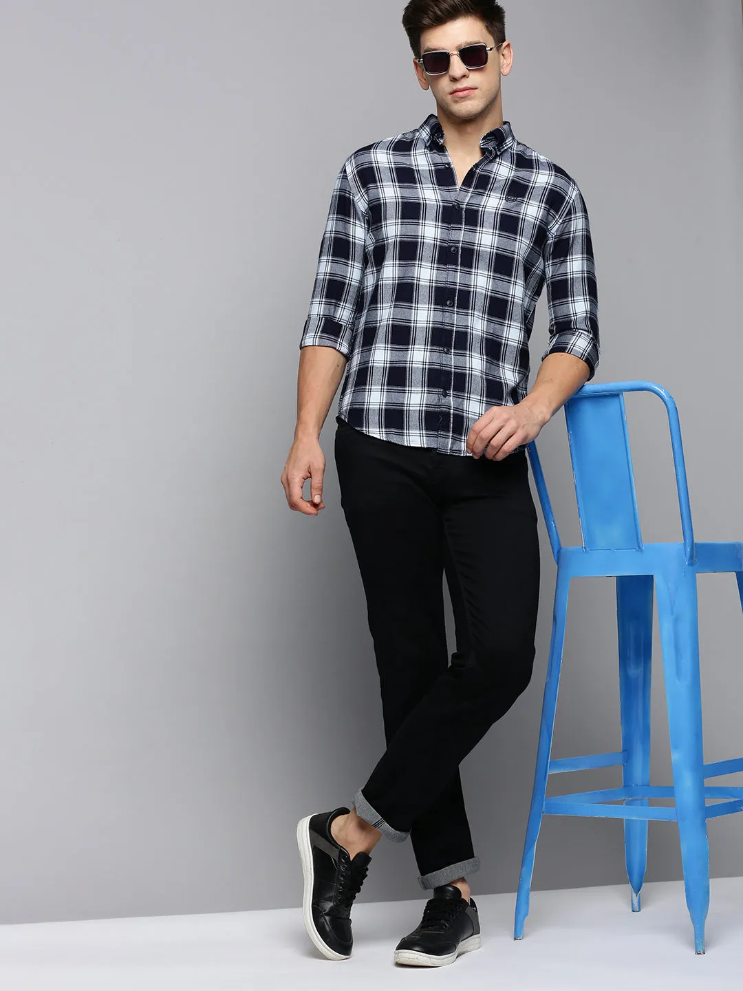 Men Blue Comfort Tartan Checked Button-Down Collar Cotton Casual Shirt