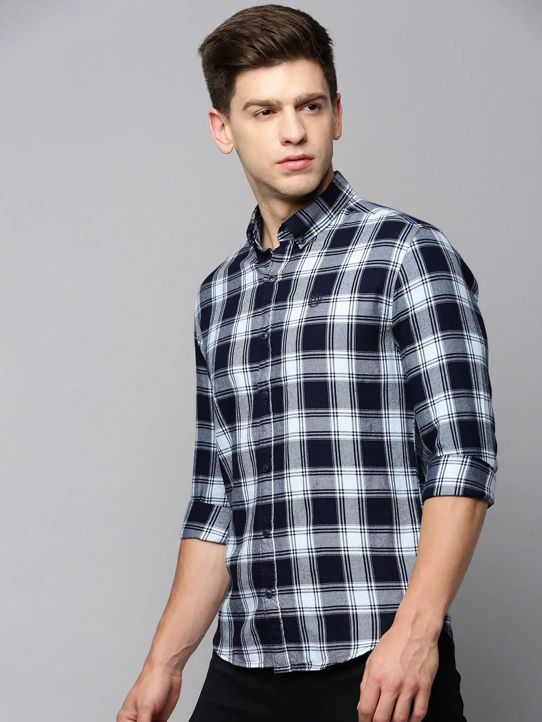 Men Blue Comfort Tartan Checked Button-Down Collar Cotton Casual Shirt