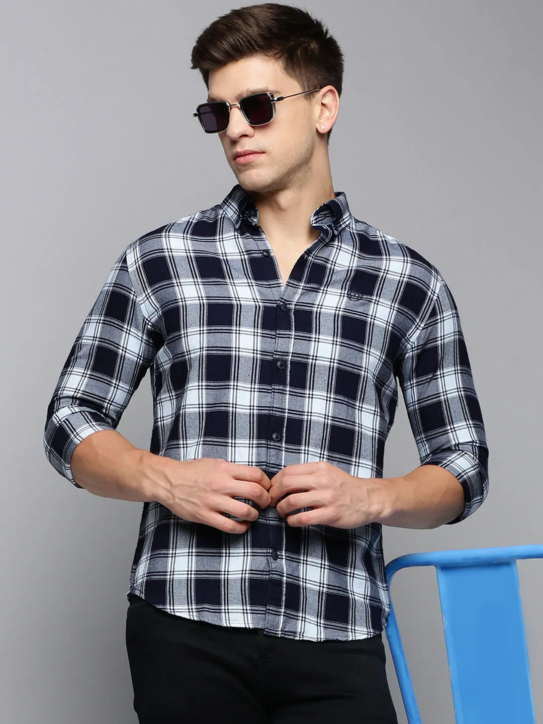Men Blue Comfort Tartan Checked Button-Down Collar Cotton Casual Shirt