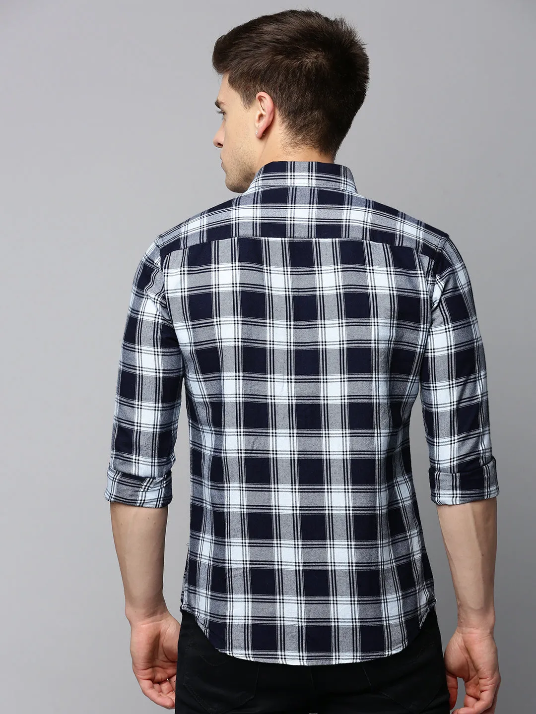 Men Blue Comfort Tartan Checked Button-Down Collar Cotton Casual Shirt