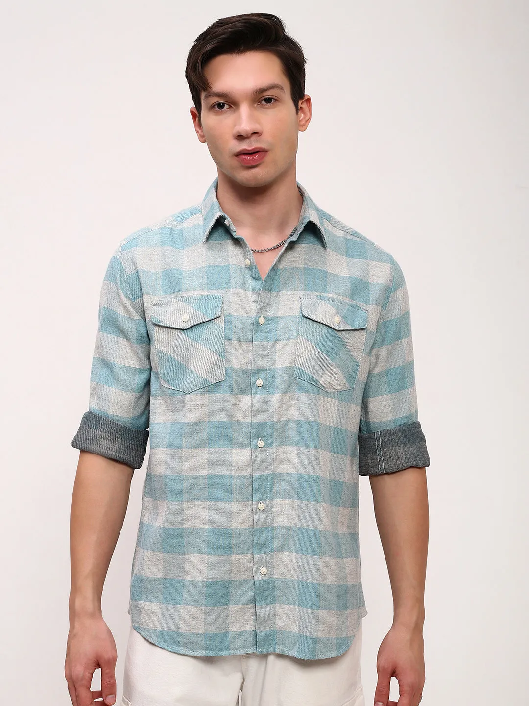 Men Blue Spread Collar Checked Slim Fit Shirt