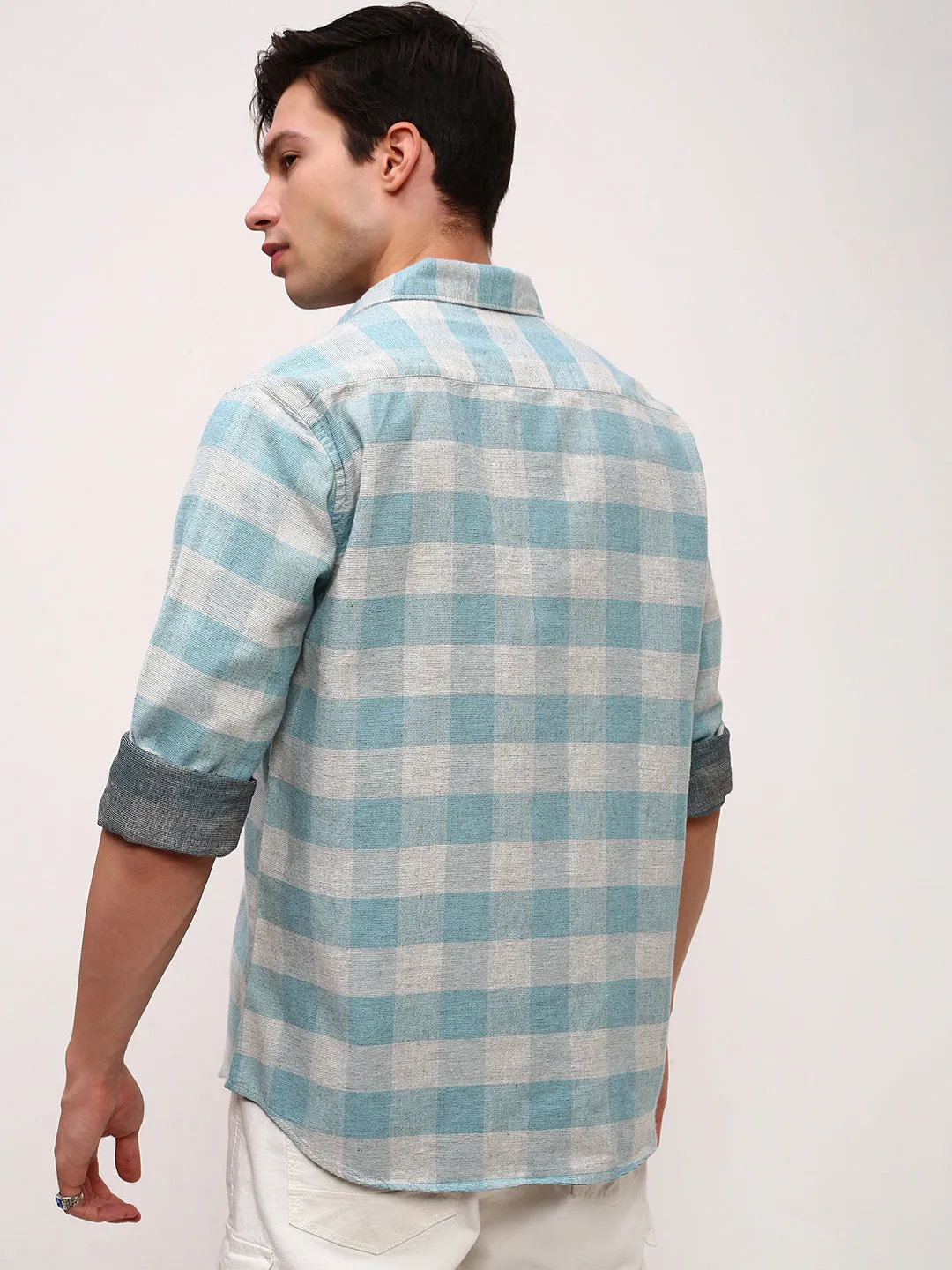 Men Blue Spread Collar Checked Slim Fit Shirt