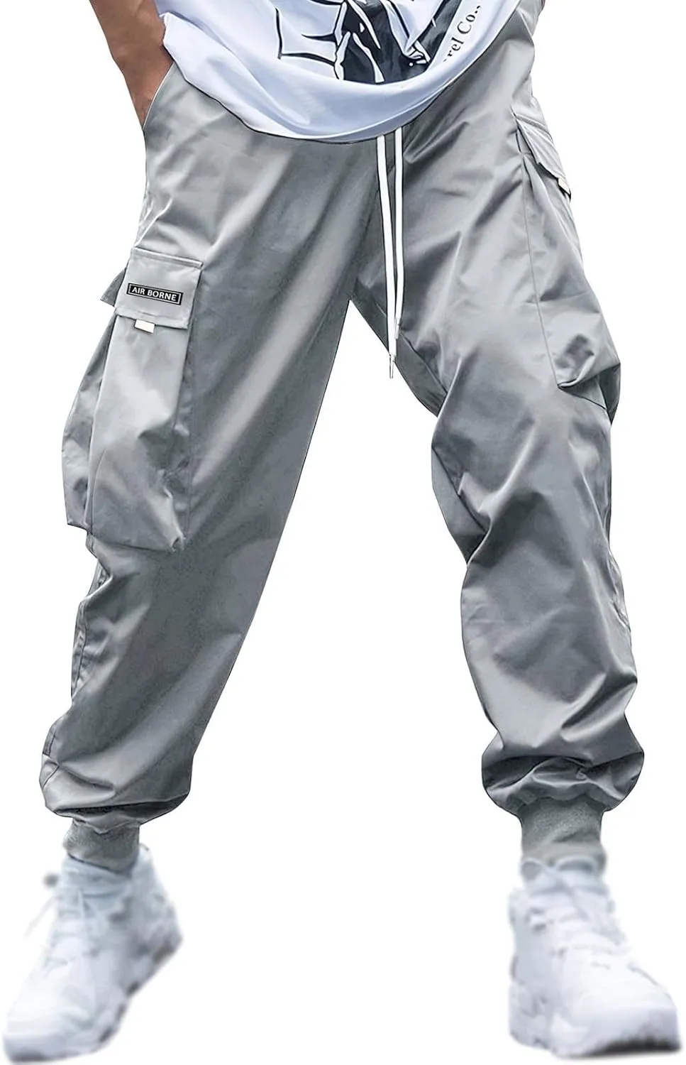 Men Cargo Pants Big and Tall Elastic Waist Drawstring Parachuted Pants Lightweight Baggy Plus Size Sweatpants with Pockets
