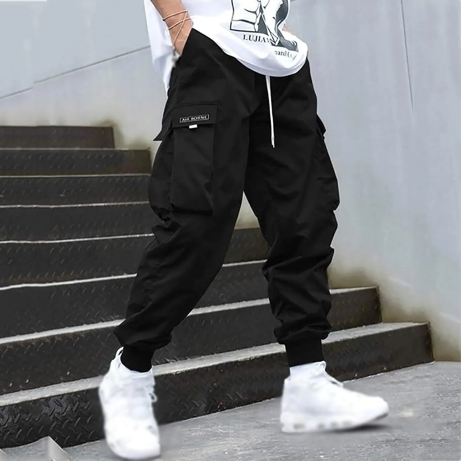 Men Cargo Pants Big and Tall Elastic Waist Drawstring Parachuted Pants Lightweight Baggy Plus Size Sweatpants with Pockets