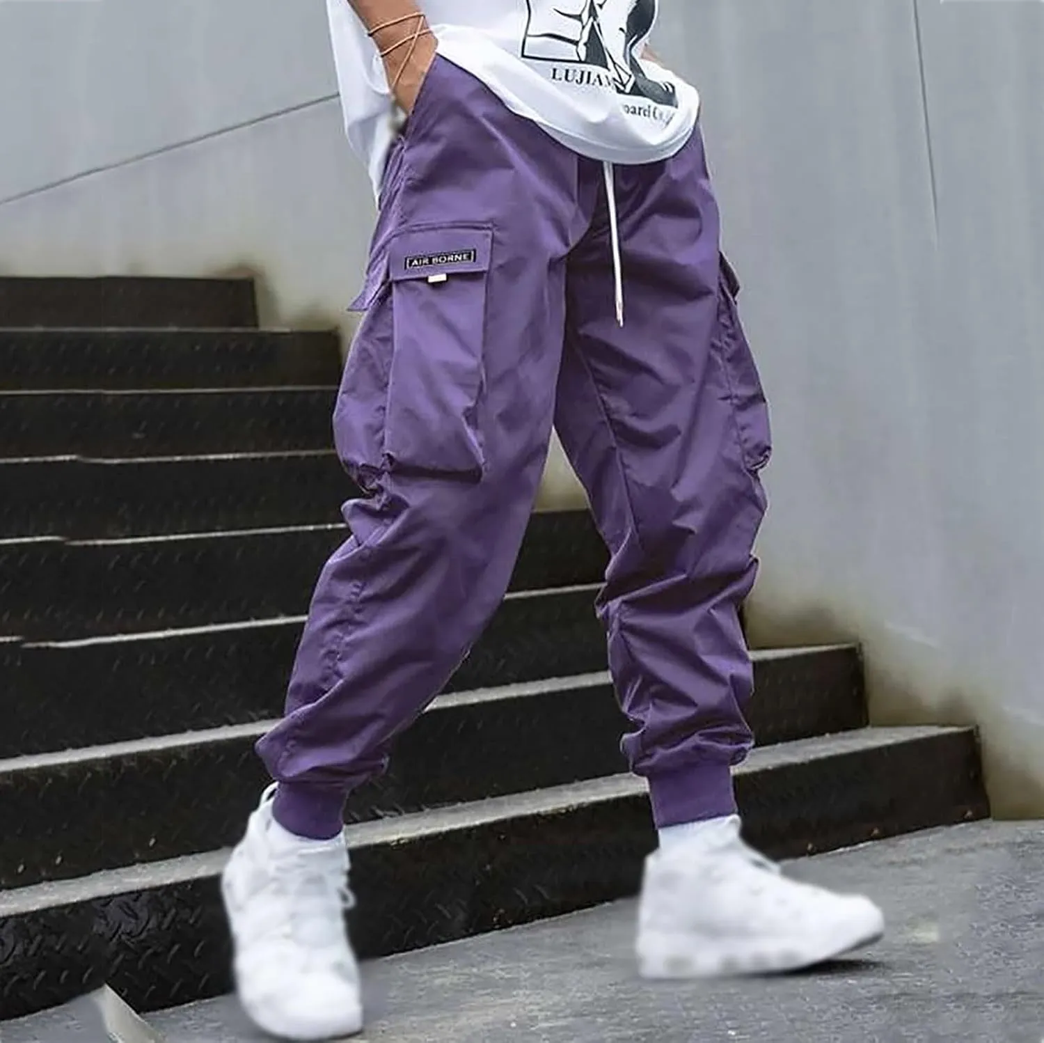 Men Cargo Pants Big and Tall Elastic Waist Drawstring Parachuted Pants Lightweight Baggy Plus Size Sweatpants with Pockets