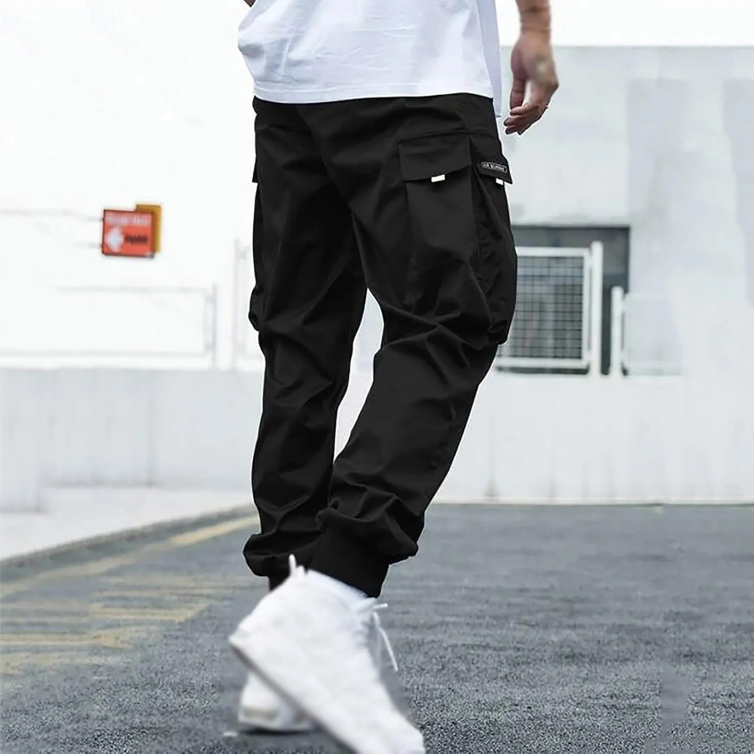 Men Cargo Pants Big and Tall Elastic Waist Drawstring Parachuted Pants Lightweight Baggy Plus Size Sweatpants with Pockets