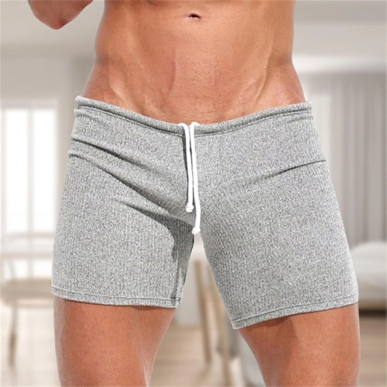 Men Trunks Athletic Gym Shorts Sexy Low Waist Drawstring Fitness Bodybuilding Capris Stretch Muscle Casual Beach Pant