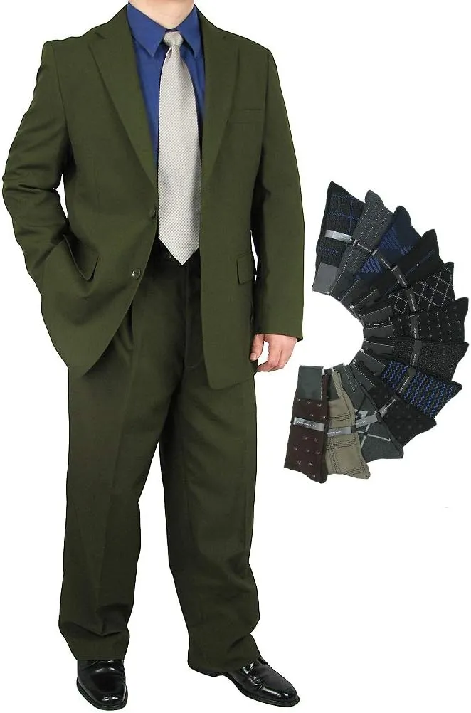 Mens 2-Piece Regular Fit Dress Suit Single-Breasted Jacket & Flat-Front Pants Includes Free Stylish Socks