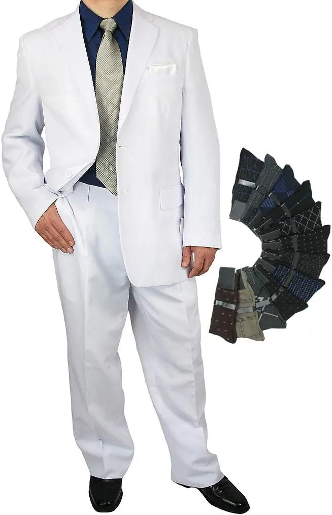 Mens 2-Piece Regular Fit Dress Suit Single-Breasted Jacket & Flat-Front Pants Includes Free Stylish Socks