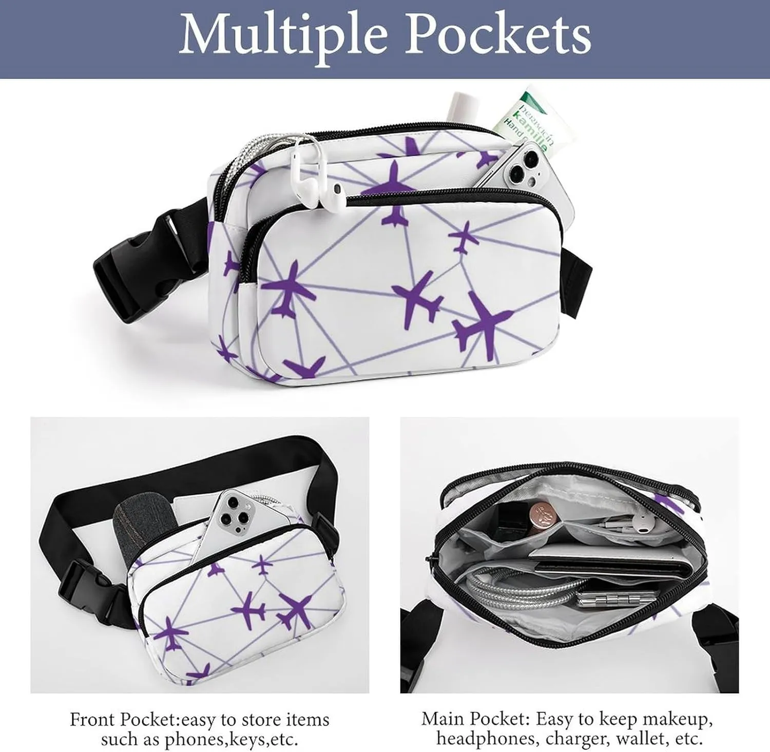 Mens Adjustable Crossbody Waist Bag Compact Fanny Pack Compatible with Aircraft Airplane String Purple for Workout/Travel