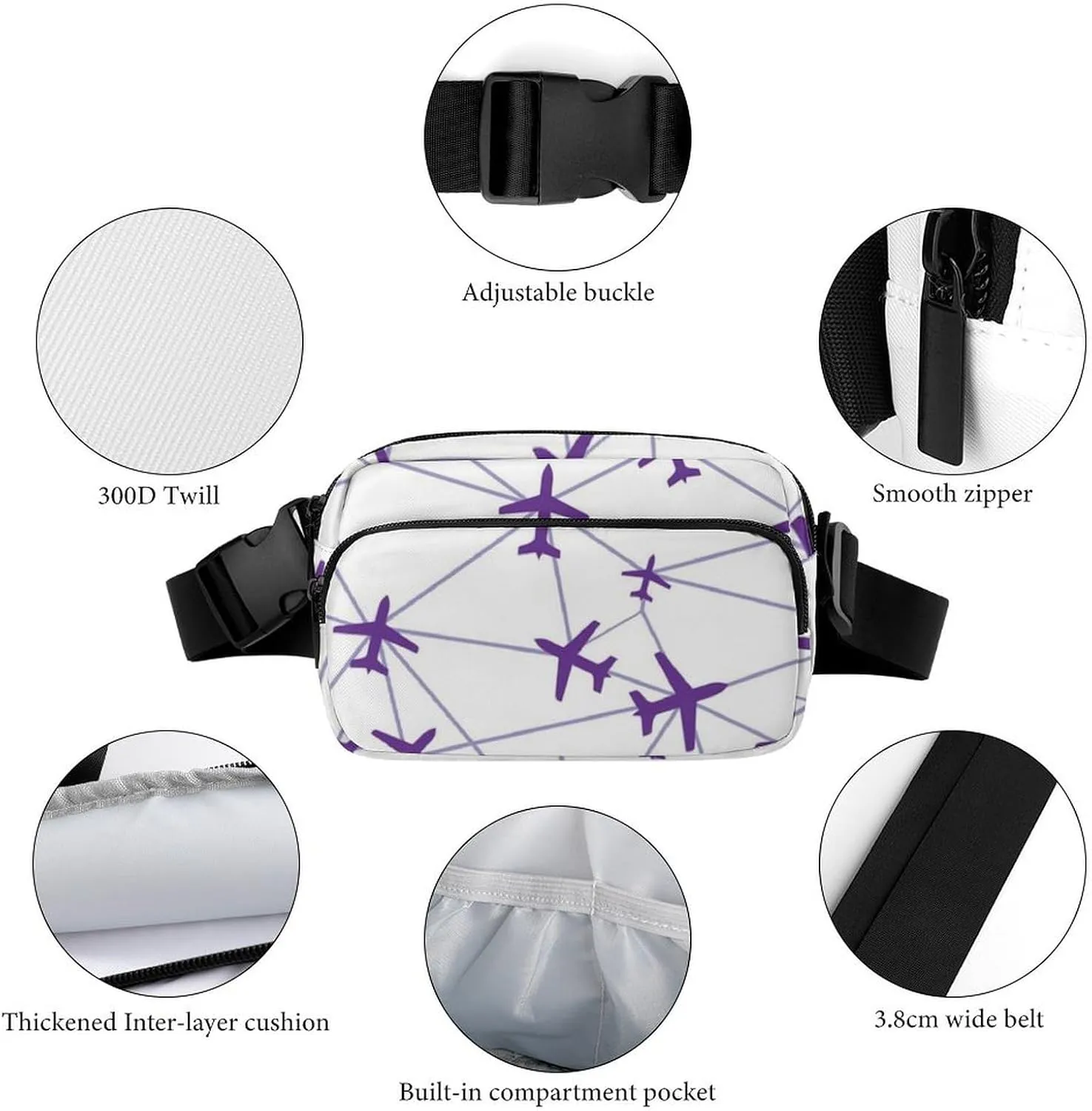 Mens Adjustable Crossbody Waist Bag Compact Fanny Pack Compatible with Aircraft Airplane String Purple for Workout/Travel