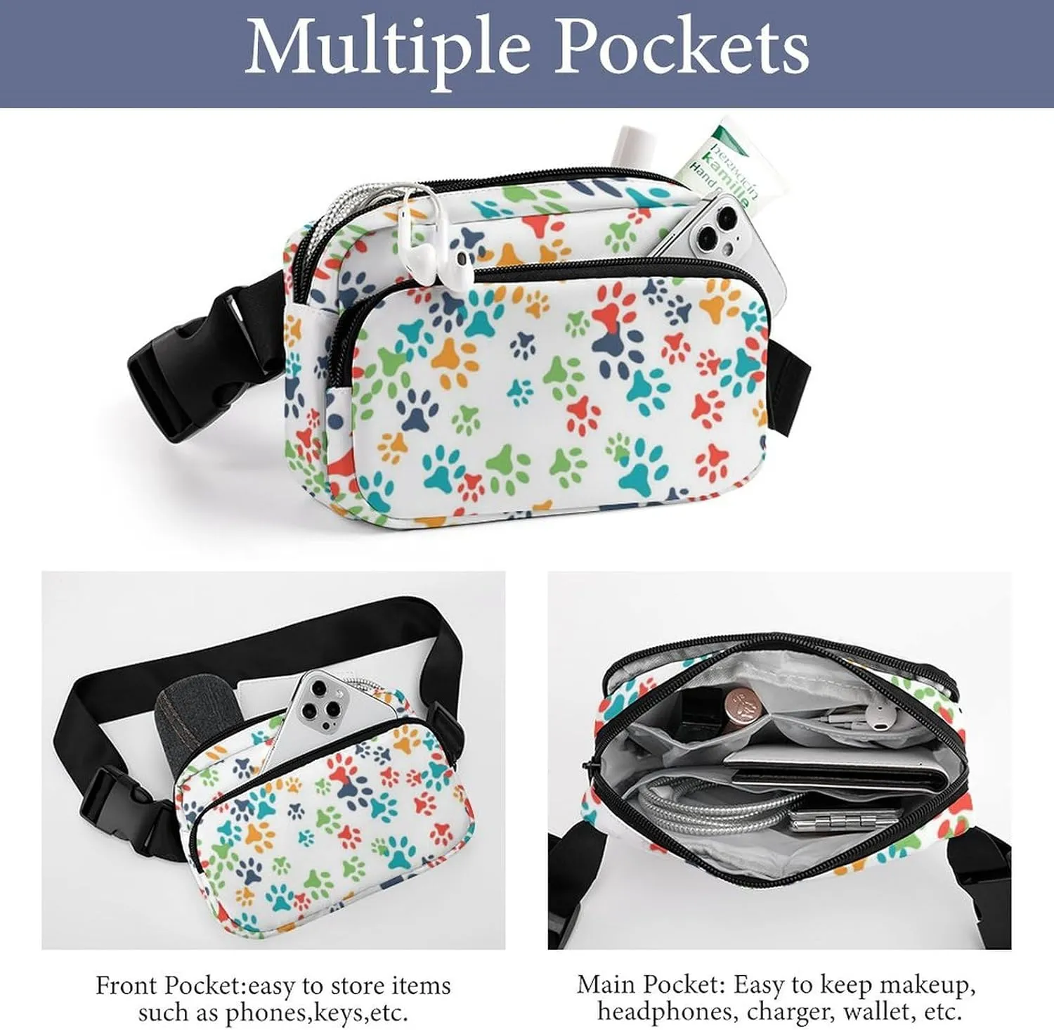 Mens Adjustable Crossbody Waist Bag Compact Fanny Pack Compatible with Cat Dog Footprints for Workout/Travel
