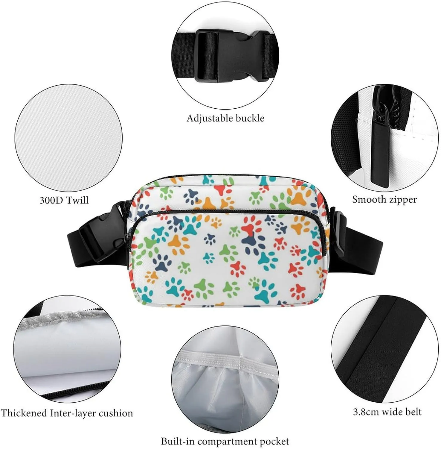Mens Adjustable Crossbody Waist Bag Compact Fanny Pack Compatible with Cat Dog Footprints for Workout/Travel