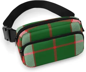 Mens Adjustable Crossbody Waist Bag Compact Fanny Pack Compatible with Christmas Plaid Red Green for Workout/Travel