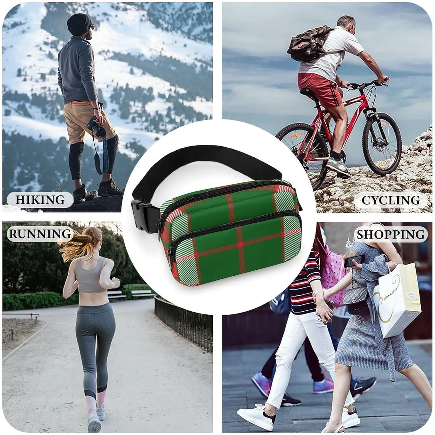 Mens Adjustable Crossbody Waist Bag Compact Fanny Pack Compatible with Christmas Plaid Red Green for Workout/Travel