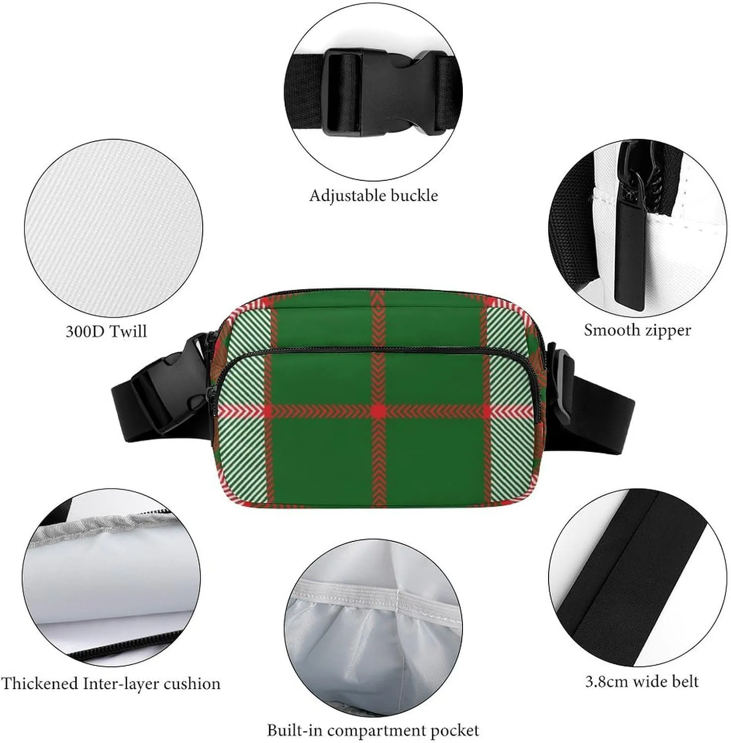 Mens Adjustable Crossbody Waist Bag Compact Fanny Pack Compatible with Christmas Plaid Red Green for Workout/Travel