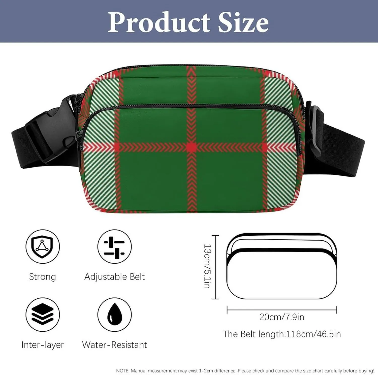 Mens Adjustable Crossbody Waist Bag Compact Fanny Pack Compatible with Christmas Plaid Red Green for Workout/Travel