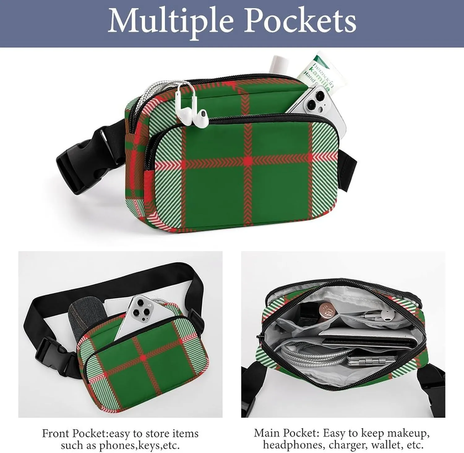 Mens Adjustable Crossbody Waist Bag Compact Fanny Pack Compatible with Christmas Plaid Red Green for Workout/Travel