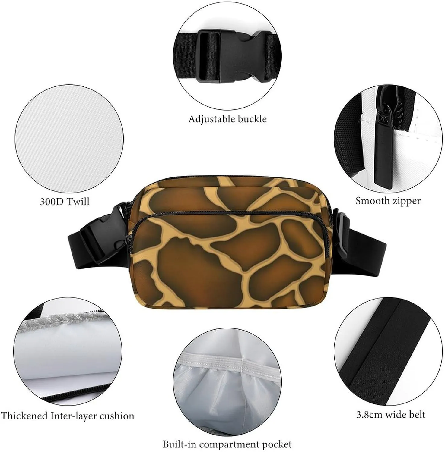 Mens Adjustable Crossbody Waist Bag Compact Fanny Pack Compatible with Giraffe Skin Texture Brown for Workout/Travel