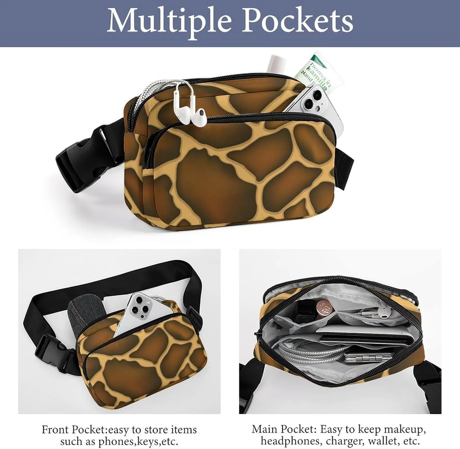 Mens Adjustable Crossbody Waist Bag Compact Fanny Pack Compatible with Giraffe Skin Texture Brown for Workout/Travel