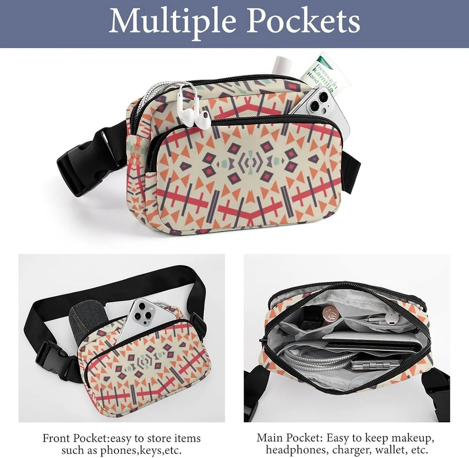 Mens Adjustable Crossbody Waist Bag Compact Fanny Pack Compatible with Southwestern Aztec Native American Ethnic for Workout/Travel
