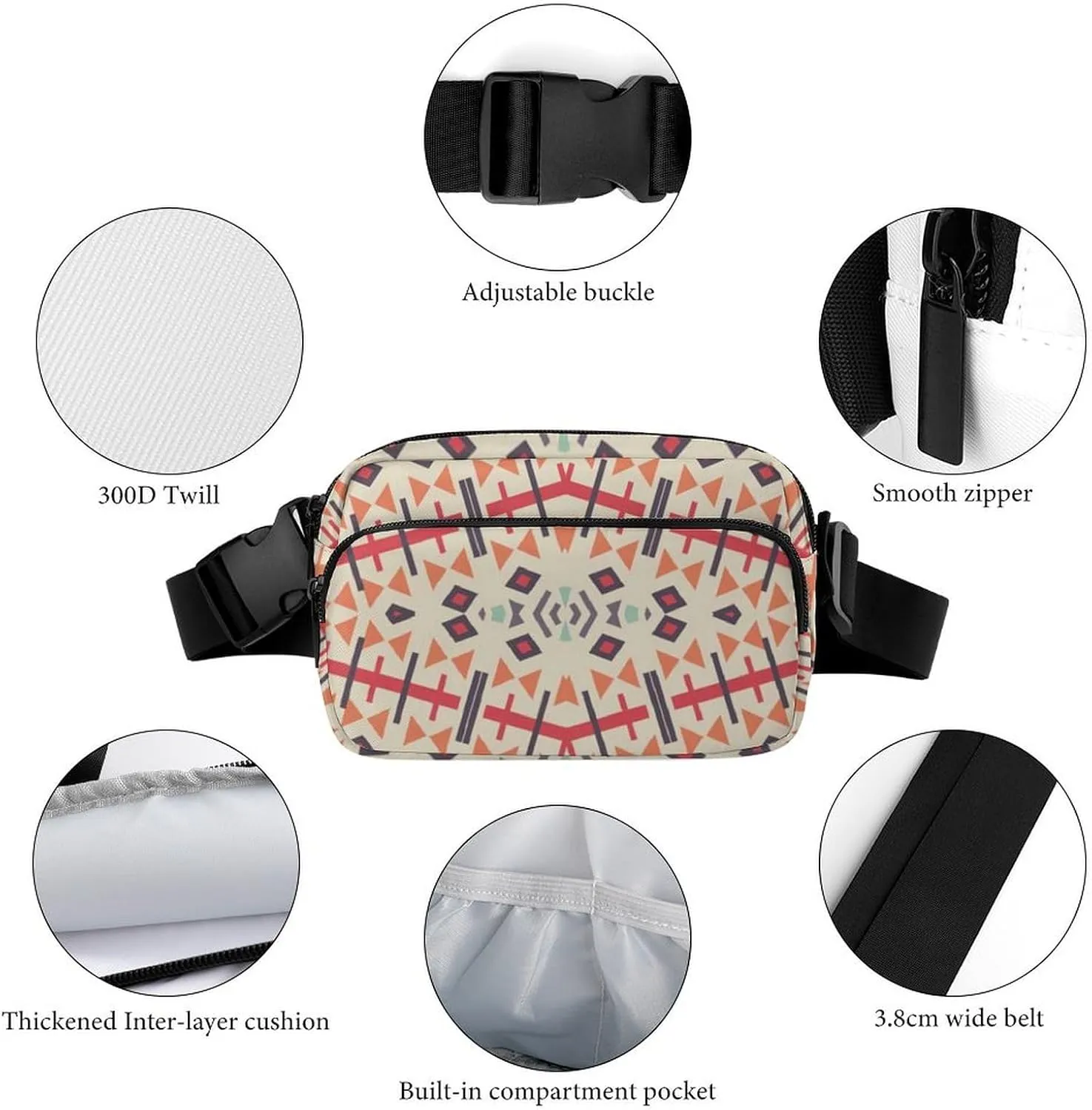 Mens Adjustable Crossbody Waist Bag Compact Fanny Pack Compatible with Southwestern Aztec Native American Ethnic for Workout/Travel