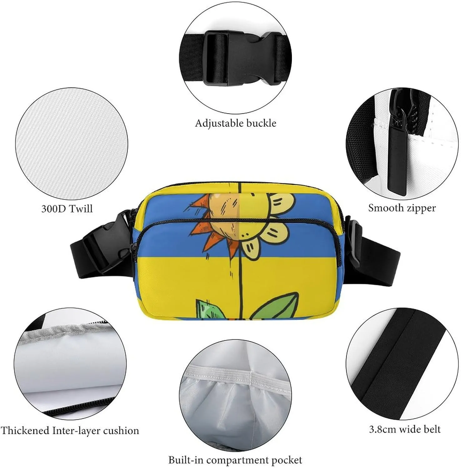Mens Adjustable Crossbody Waist Bag Compact Fanny Pack Compatible with Ukraine Flag Sunflower for Workout/Travel