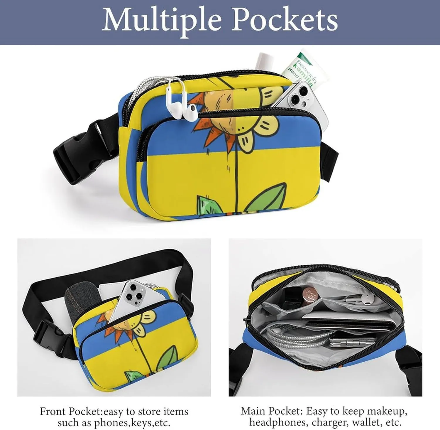 Mens Adjustable Crossbody Waist Bag Compact Fanny Pack Compatible with Ukraine Flag Sunflower for Workout/Travel