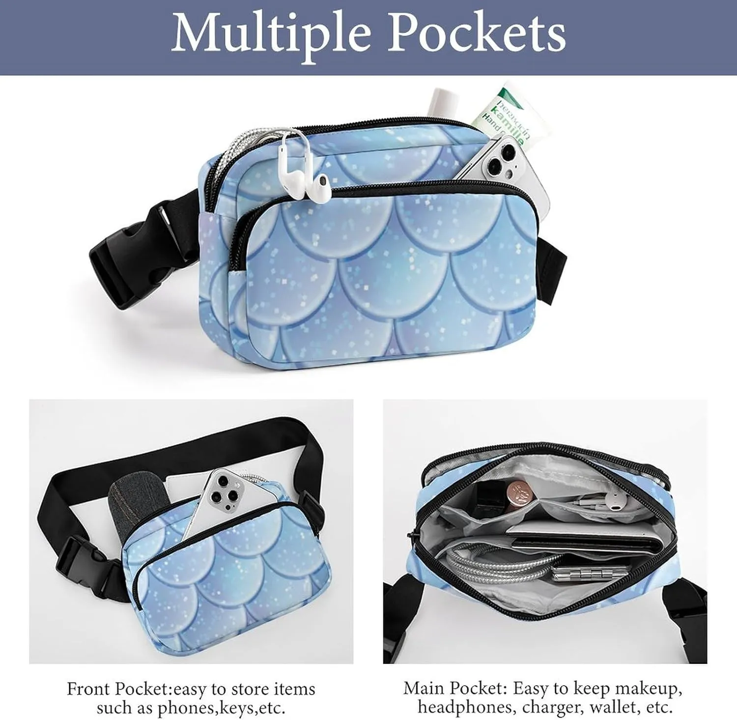 Mens Adjustable Crossbody Waist Bag Compact Fanny Pack Compatible with Watercolor Blue Mermaid Fish Scales for Workout/Travel